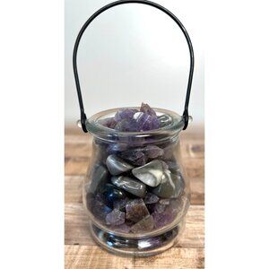 Decorative Glass Jar With Amethyst & Mixed Stones With Handle - Home Décor Accen